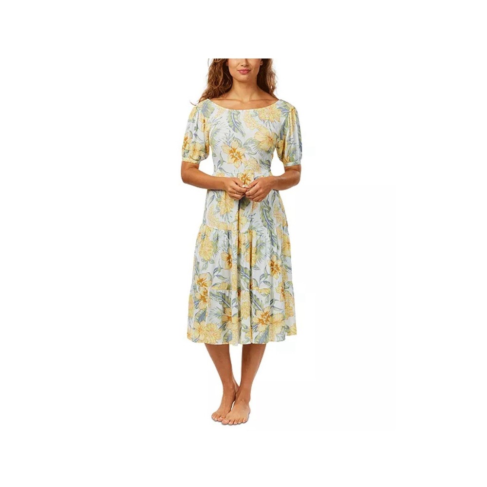 Rip Curl Floral Print Midi Dress Puff Sleeve Yellow Casual Sundress Small NWT$84